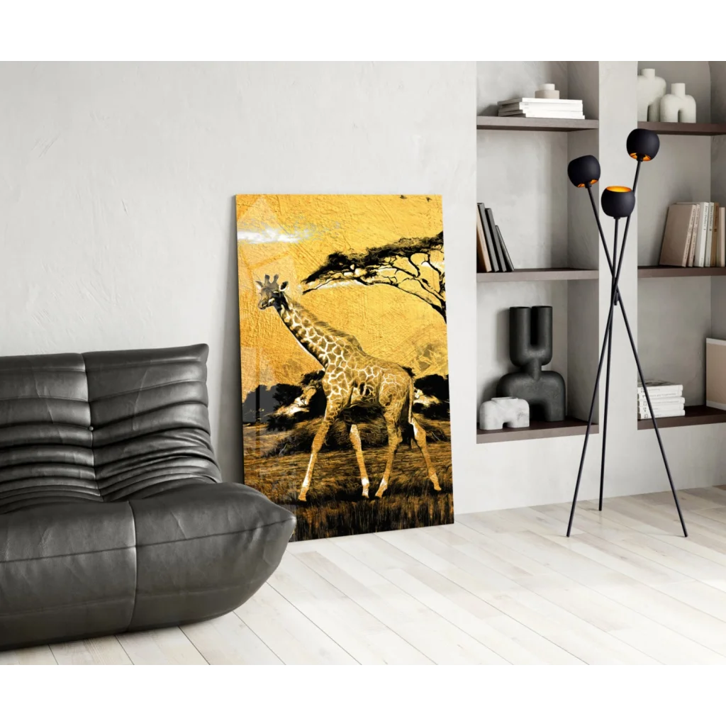 Golden giraffe savanna canvas wall art print