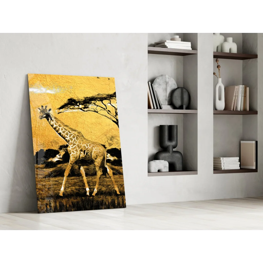 Golden giraffe canvas wall art in vibrant savanna scene