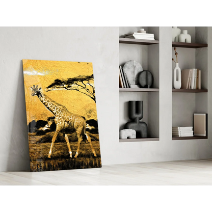 Golden giraffe canvas wall art in vibrant savanna scene