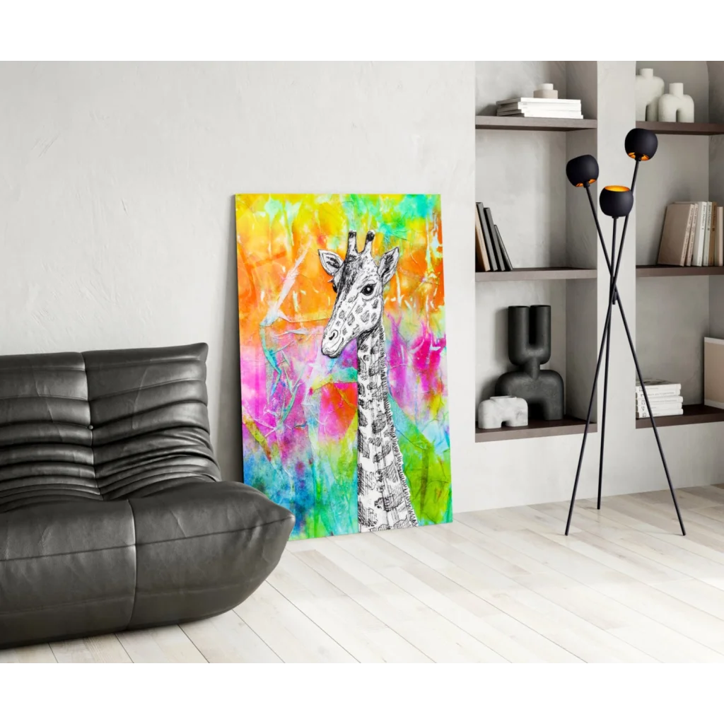 Vibrant giraffe wall art print with bold watercolor splashes