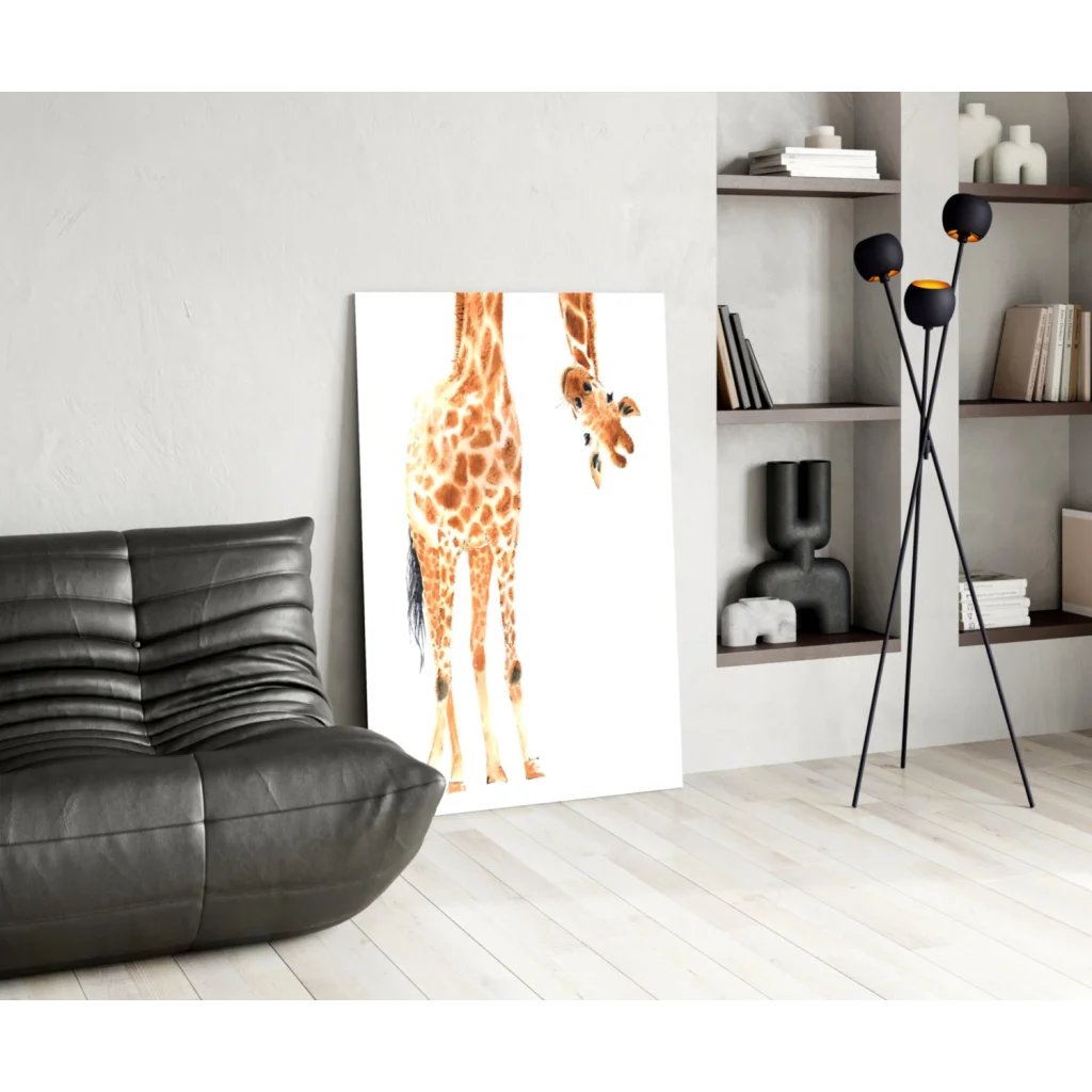 Giraffe family watercolor wall art canvas print with two spotted giraffes