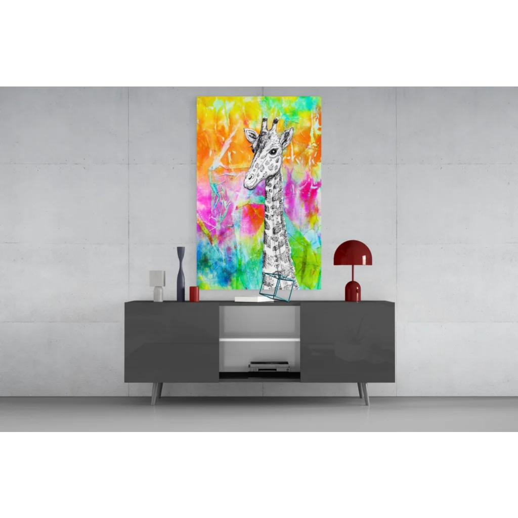Vibrant giraffe wall art with bold watercolor splashes
