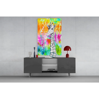 Vibrant giraffe wall art with bold watercolor splashes