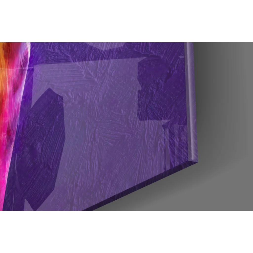 Purple glass wall art with textured canvas and geometric shapes