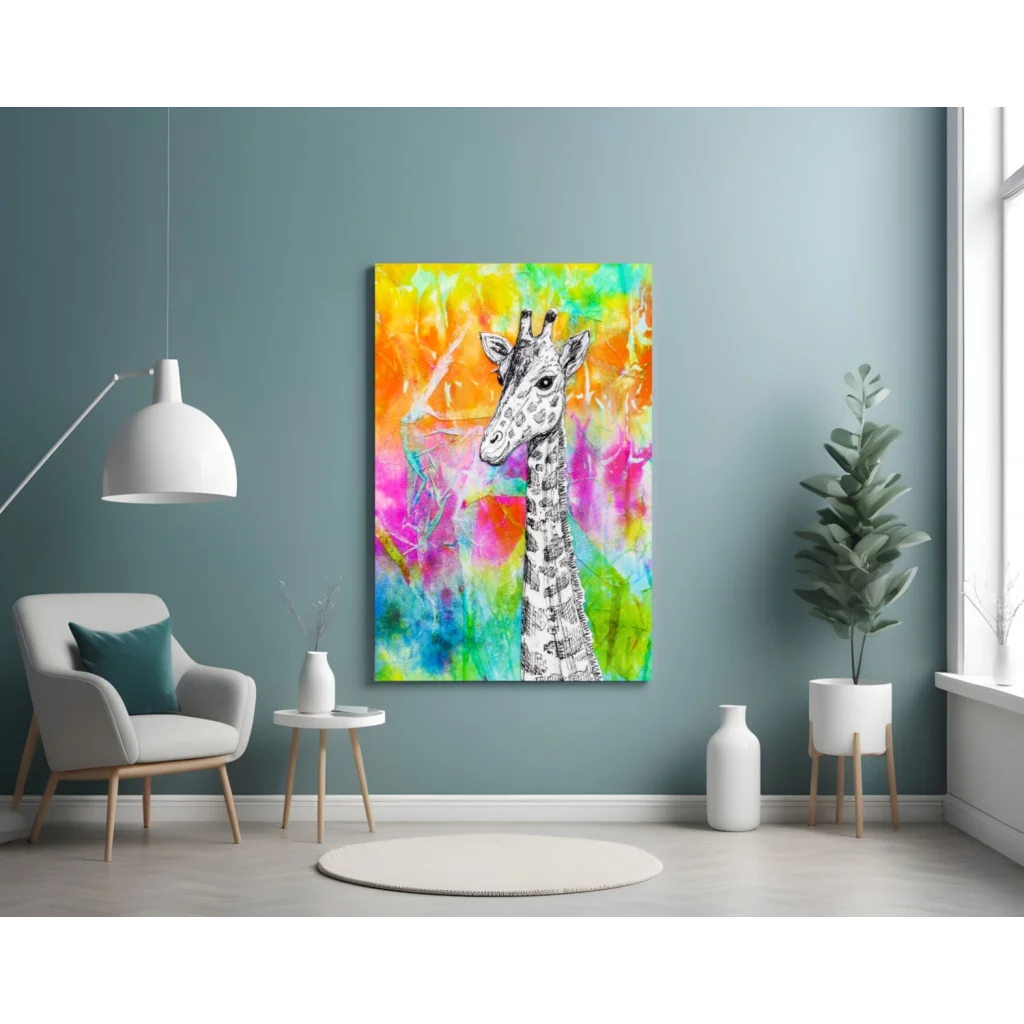 Vibrant Giraffe Wall Art with Bold Watercolor Splashes | Contemporary Home Wall Art | vintageantiquesgifts.com