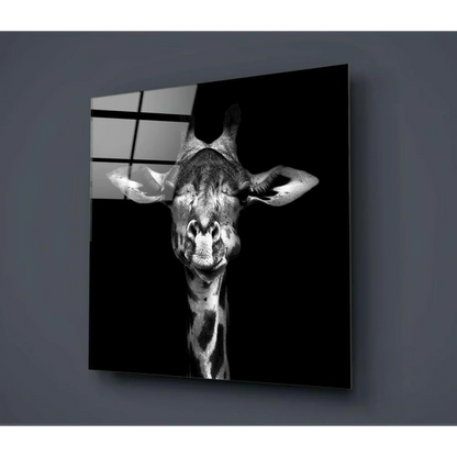 Stunning black-and-white giraffe portrait on sleek glass wall art panel