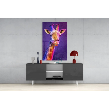 Vibrant giraffe portrait on glass wall art with purple background