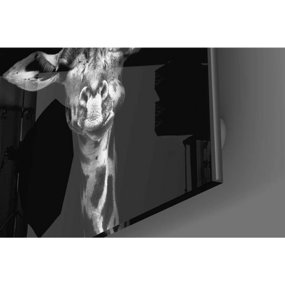 High-contrast black-and-white giraffe glass wall art