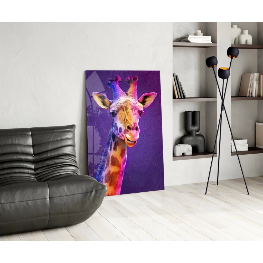 Vibrant abstract giraffe glass wall art print on purple background