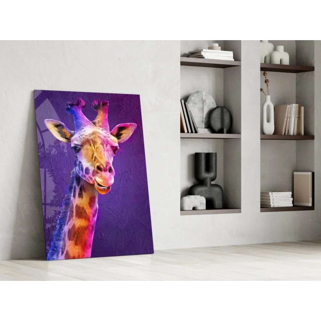Vibrant giraffe glass wall art print on purple gradient canvas