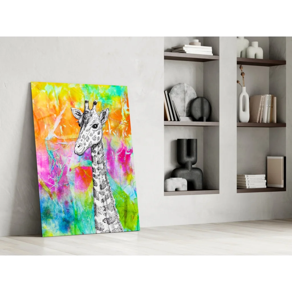 Vibrant giraffe wall art with bold watercolor splashes in yellow, pink, green, blue