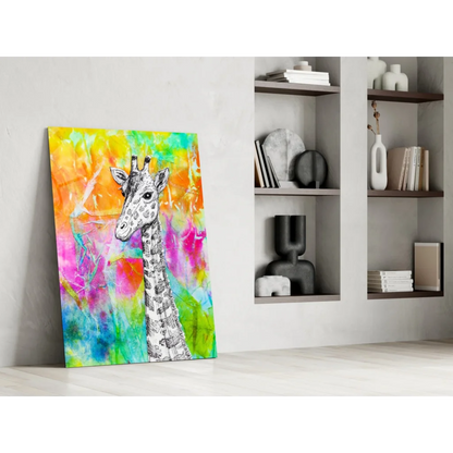 Vibrant giraffe wall art with bold watercolor splashes in yellow, pink, green, blue