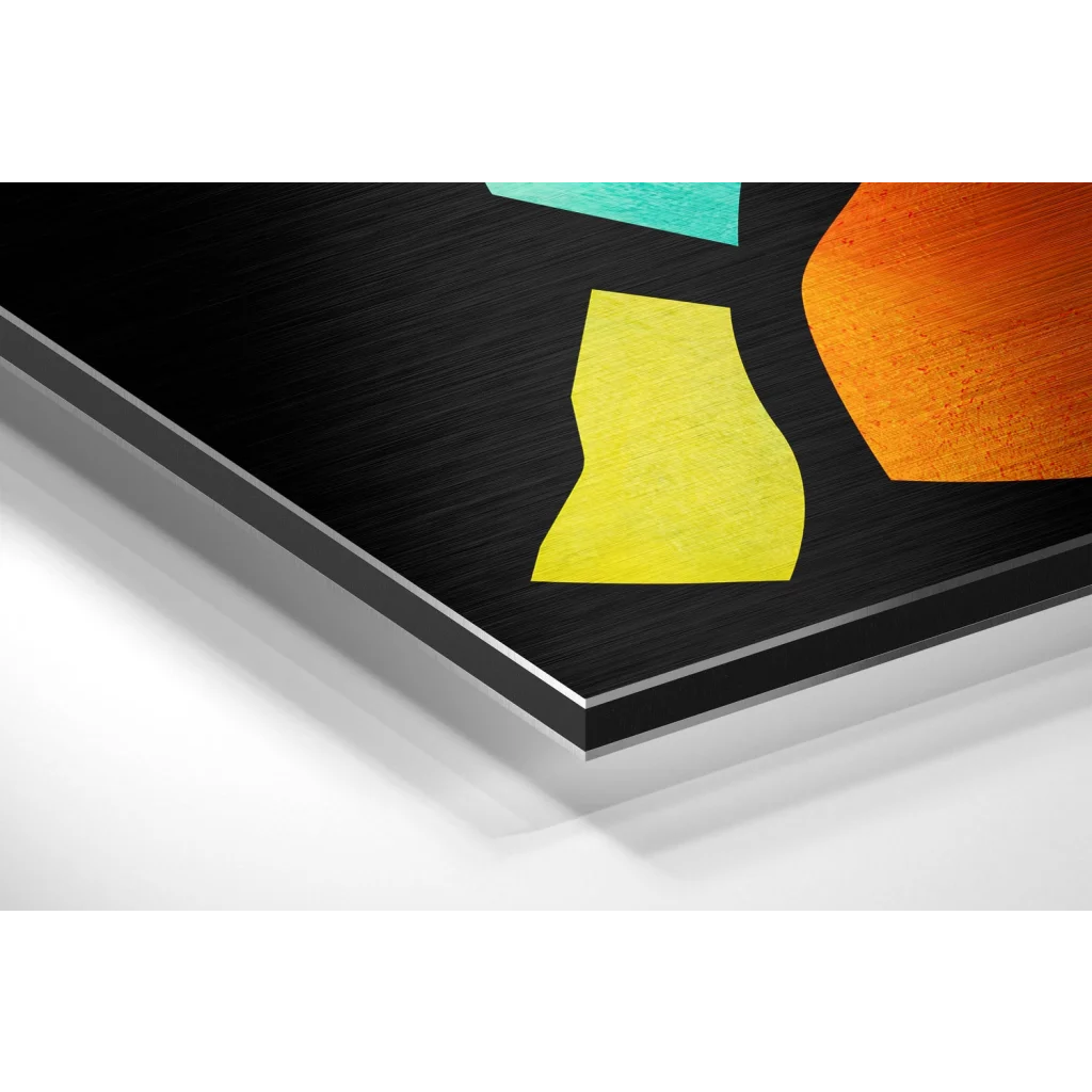Abstract teal orange yellow geometric art on brushed aluminium dibond