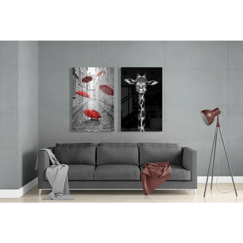 Giraffe and Umbrellas 2 Pieces Combine Glass Wall Art