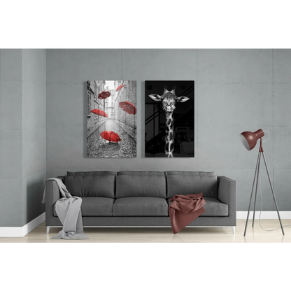 Gray sofa with gray throw, rust fabric, near stunning giraffe glass wall art