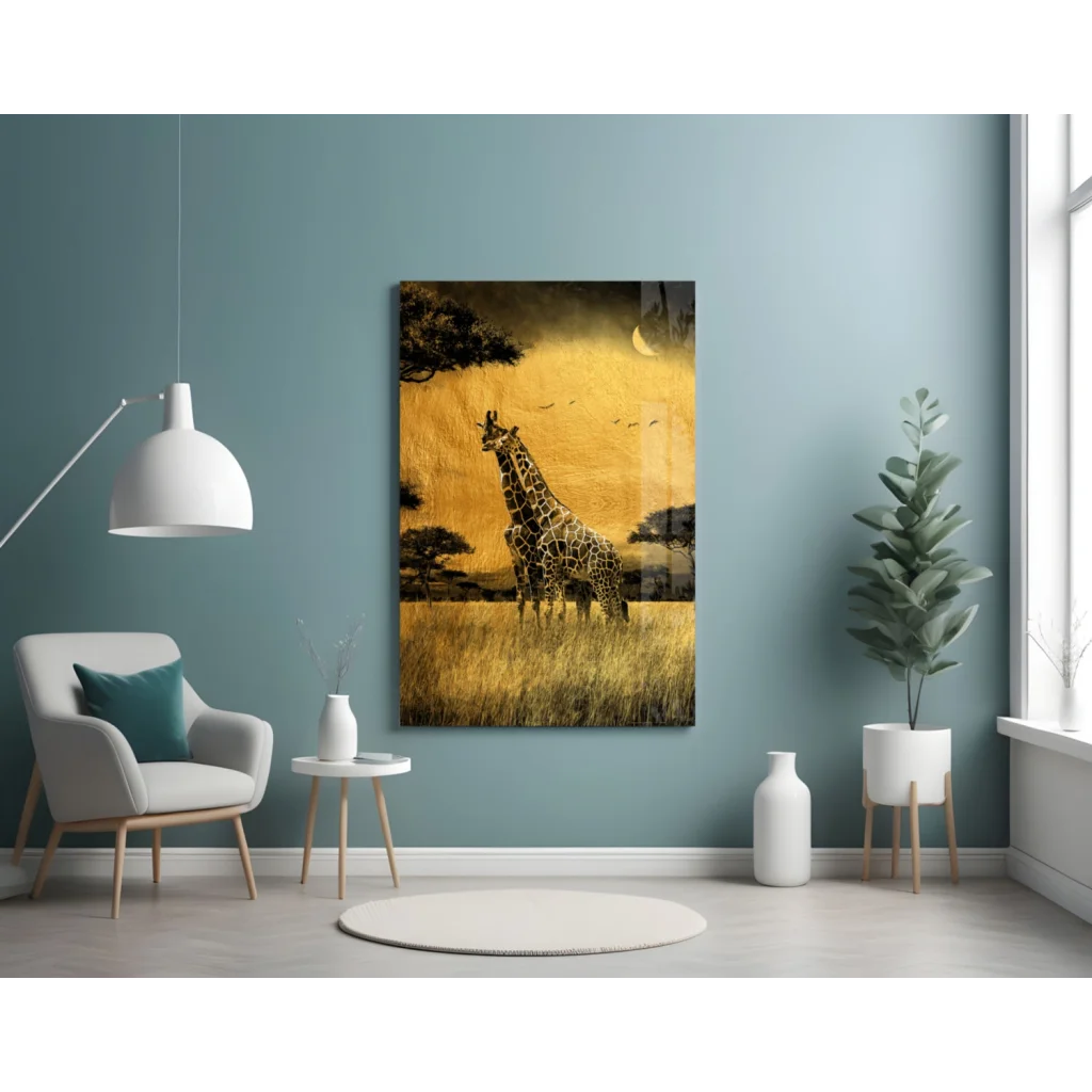 Stunning giraffe savanna glass wall art with golden sunset glow