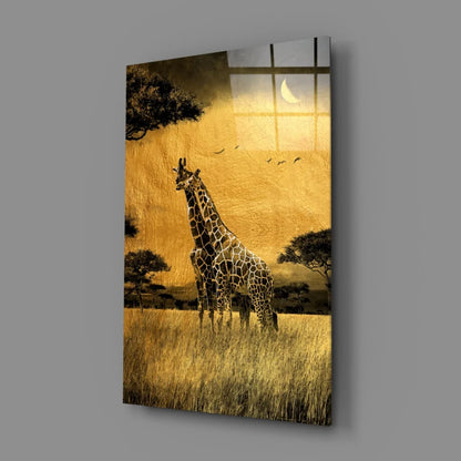 Golden-toned glass wall art of giraffes in savanna under crescent moon