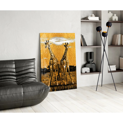 Golden Giraffe Savanna glass wall art with two giraffes on textured background