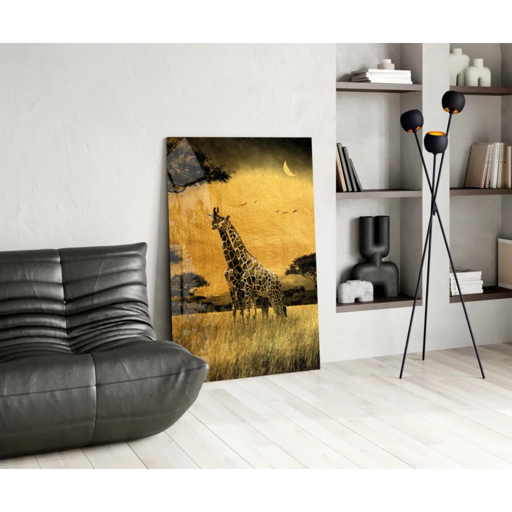 Tall giraffe in golden savanna glass wall art under crescent moon