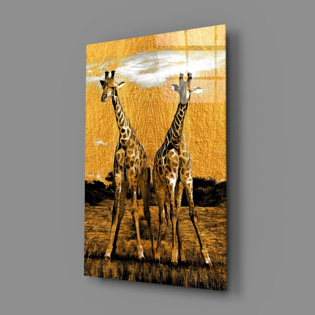 Golden Giraffe Savanna glass wall art canvas print with spotted giraffes