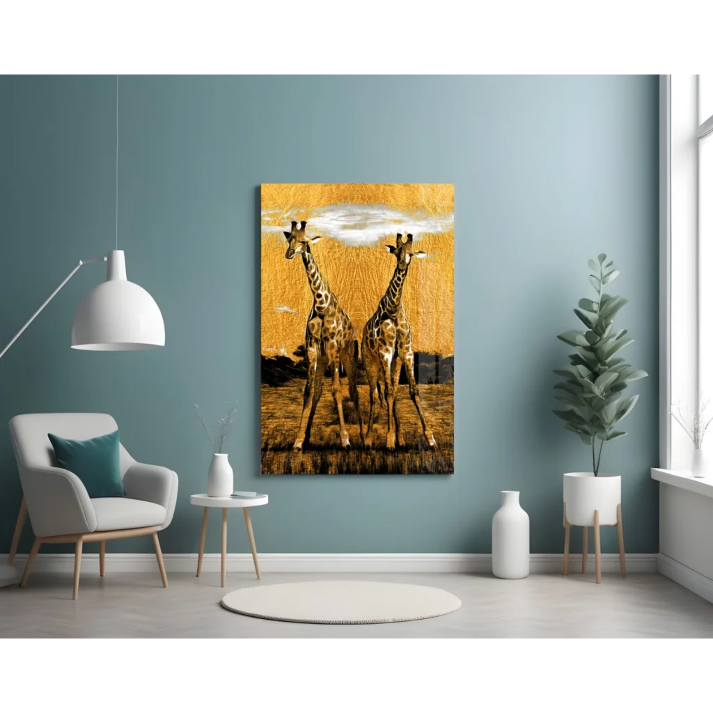 Golden giraffe savanna glass wall art with two giraffes and clouds
