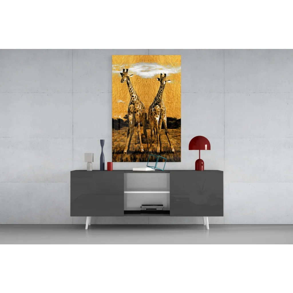 Golden giraffe savanna glass wall art canvas print with two vibrant giraffes