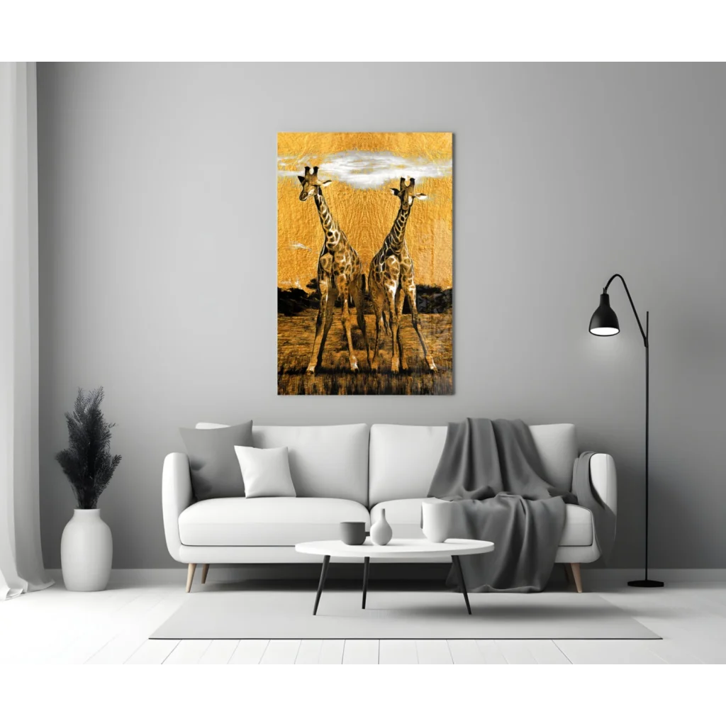 Golden giraffe savanna glass wall art canvas print above sofa