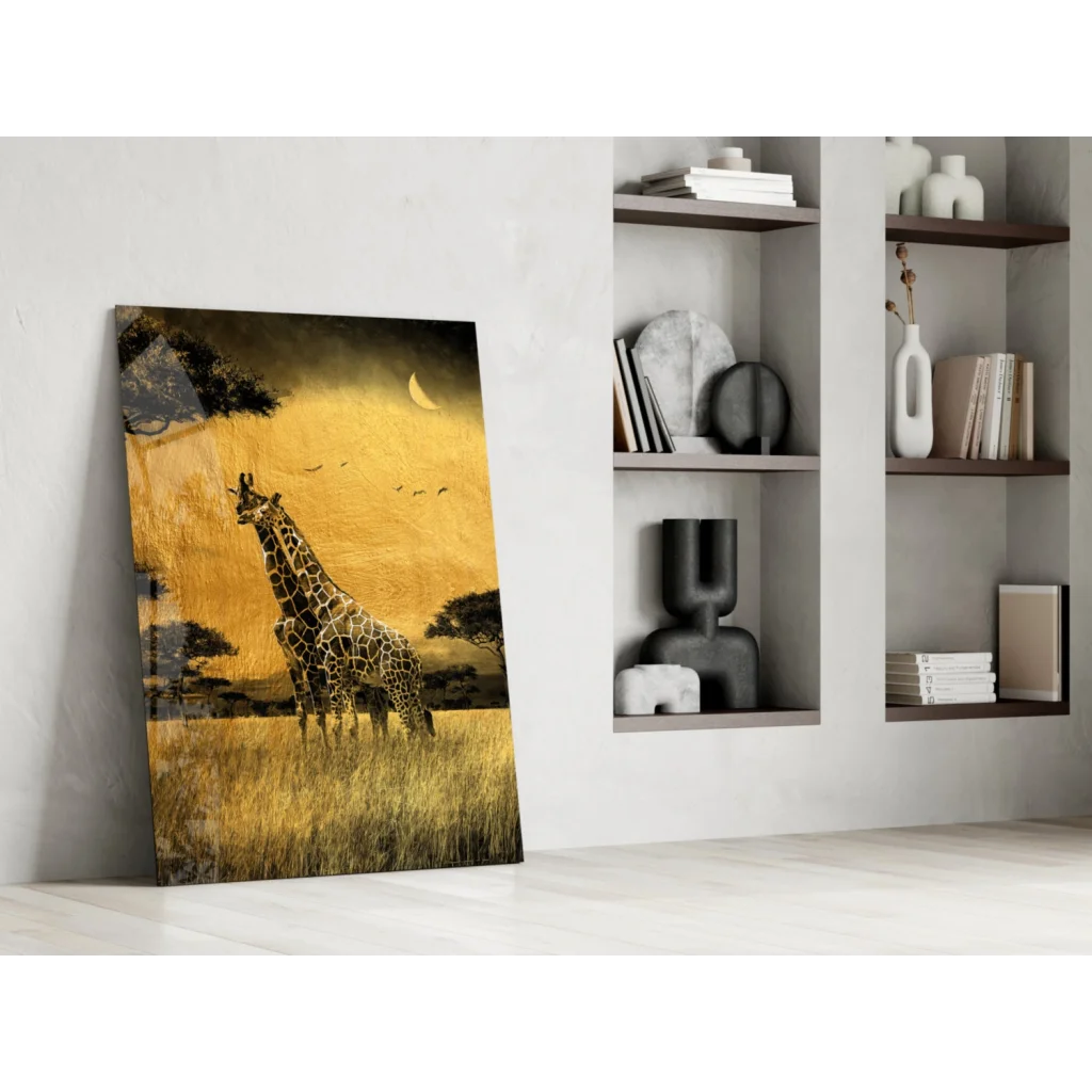 Golden giraffes in savanna under crescent moon, glass wall art print