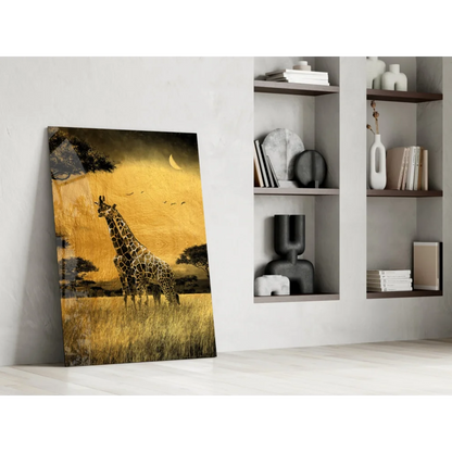Golden giraffes in savanna under crescent moon, glass wall art print