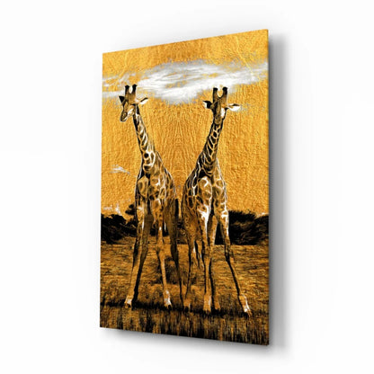 Golden Giraffe Savanna glass wall art canvas print with spotted giraffes