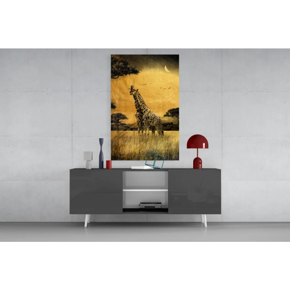 Golden giraffe savanna glass wall art with sunset glow and crescent moon