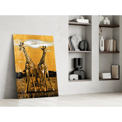 Golden giraffes on textured savanna glass wall art canvas print
