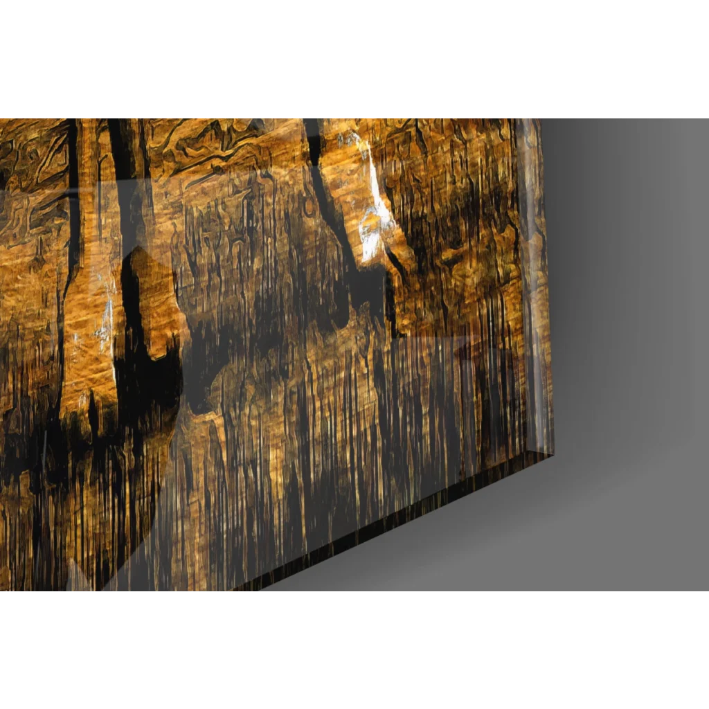 Golden Giraffe Savanna glass wall art with swirling gold and black patterns