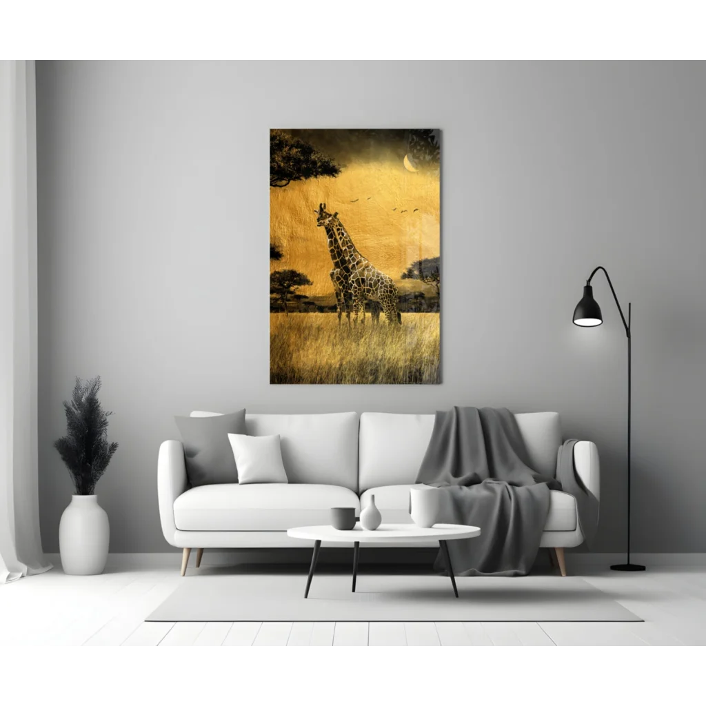 Stunning giraffe in golden savanna sunset on glass wall art