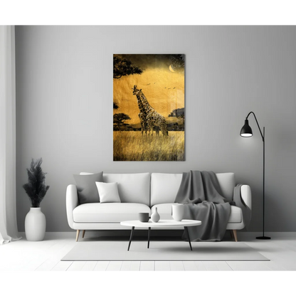 Stunning giraffe in golden savanna sunset on glass wall art