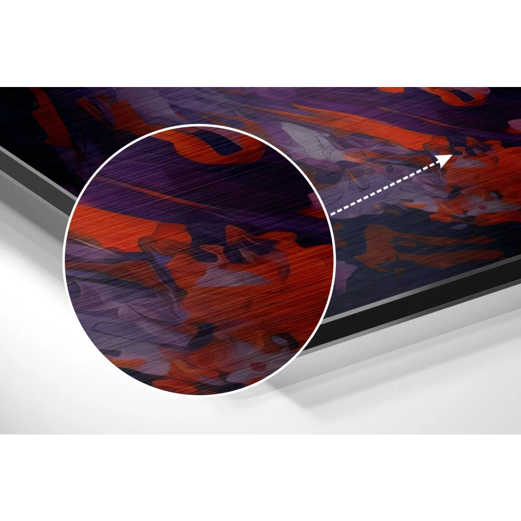 glass wall art Vibrant swirling red and purple abstract art on brushed aluminium dibond