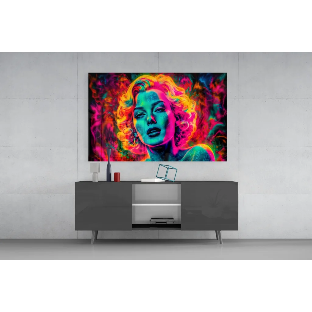 Vibrant neon pop art glass wall art of Marilyn Monroe