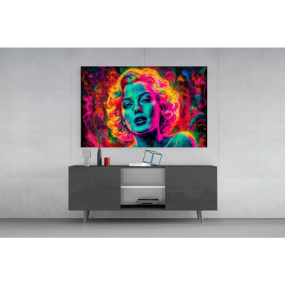 Vibrant neon pop art glass wall art of Marilyn Monroe