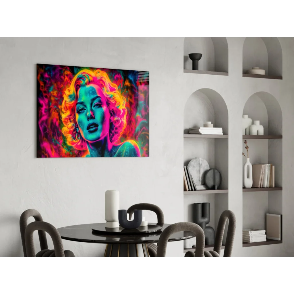 Vibrant neon Marilyn Monroe glass wall art print in pink, orange, cyan hues