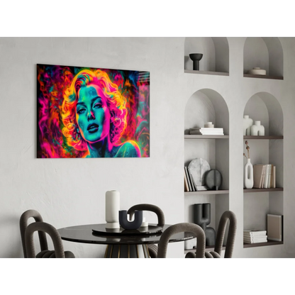 Vibrant neon Marilyn Monroe glass wall art print in pink, orange, cyan hues