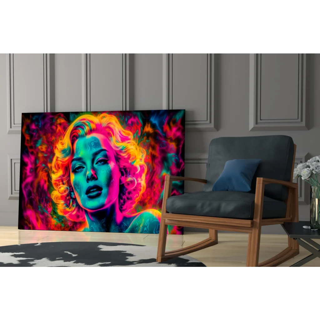 Vibrant neon Marilyn Monroe glass wall art print with psychedelic hues