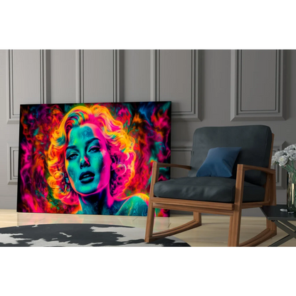 Vibrant neon Marilyn Monroe glass wall art print with psychedelic hues