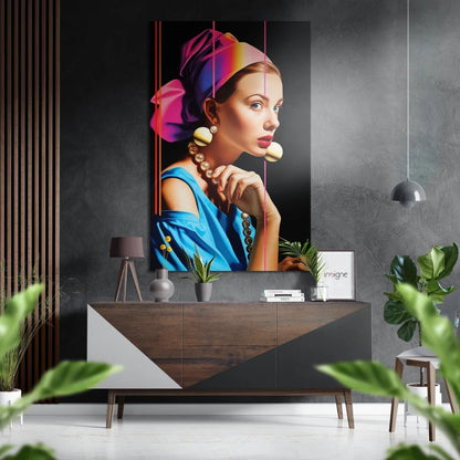 Vibrant pop-art woman in rainbow headscarf on brushed aluminium dibond wall art