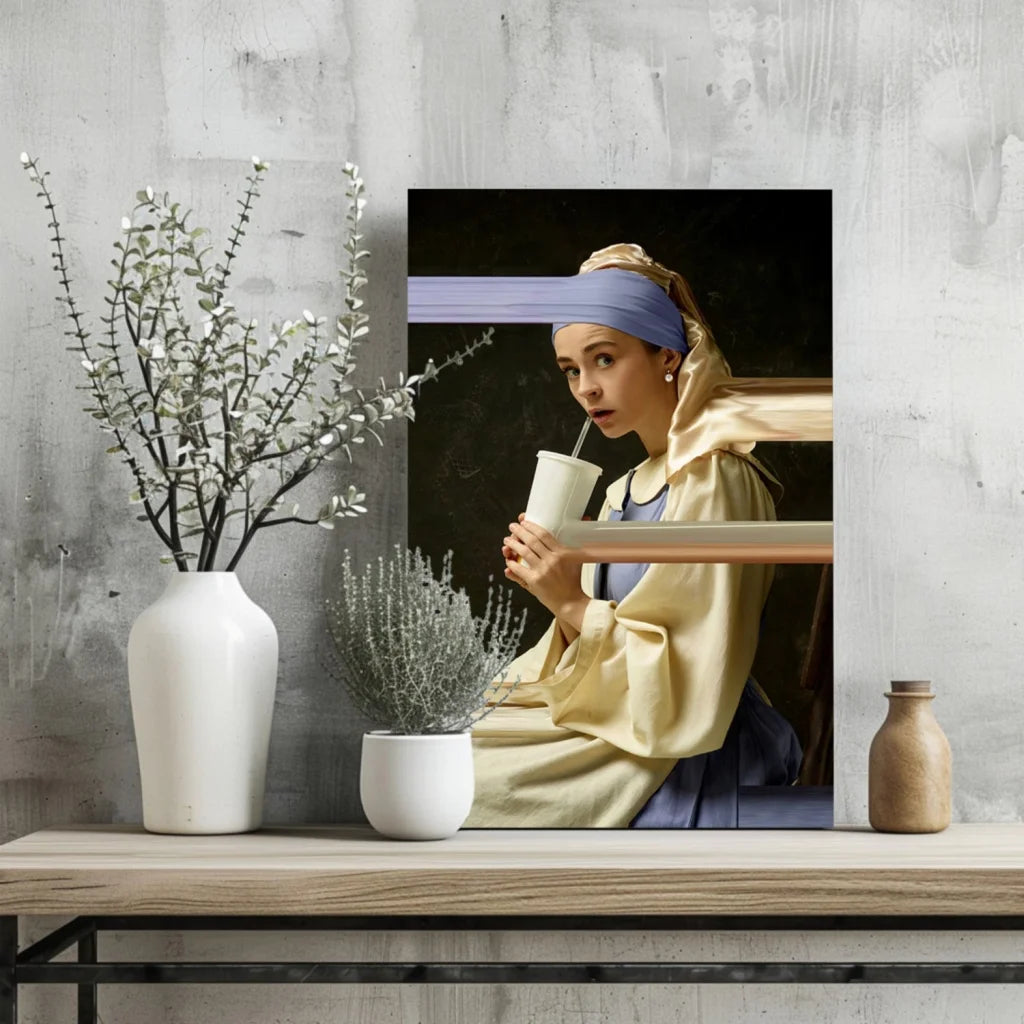 Modern Girl with a Pearl Earring sips coffee in blue headscarf and gold robe print
