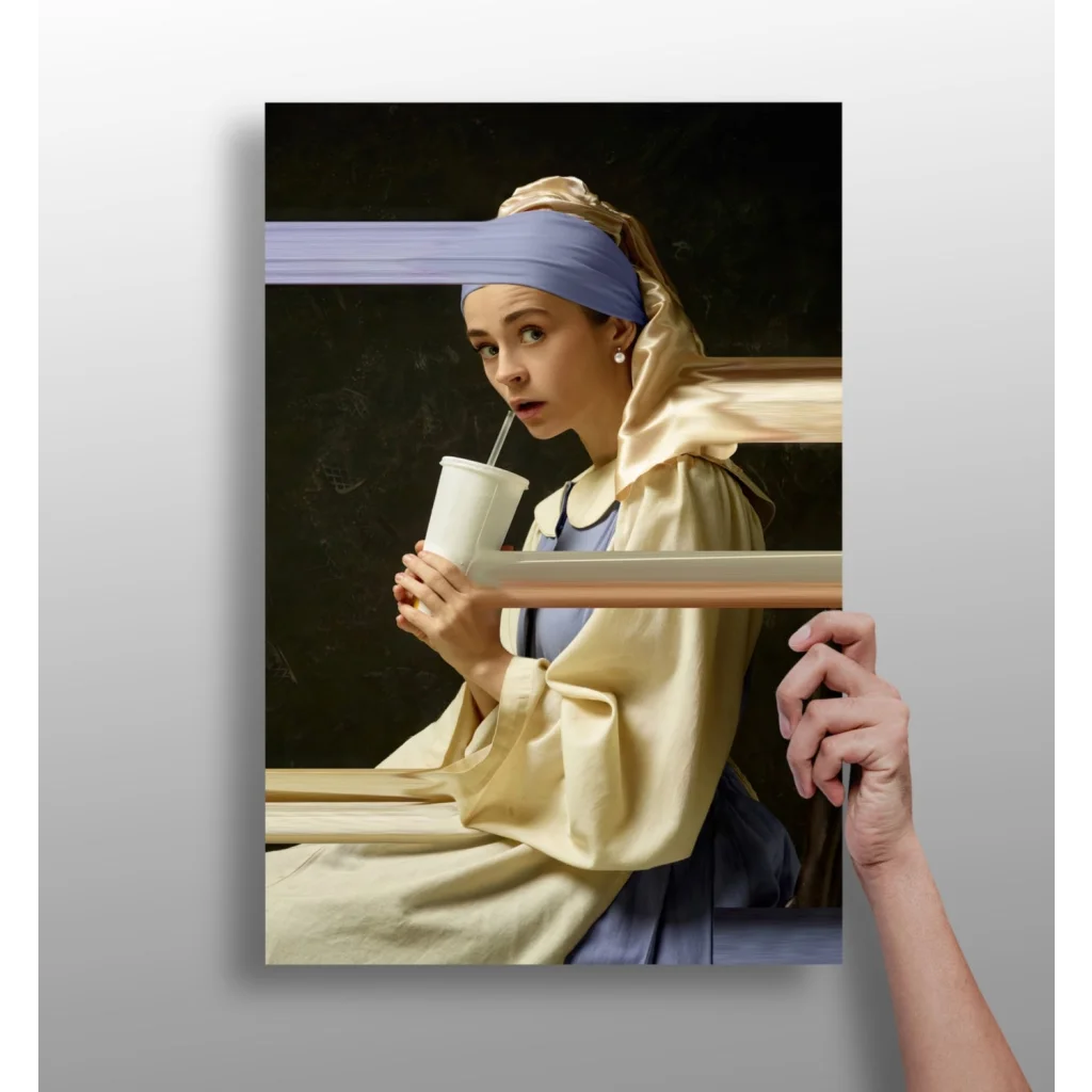 Modern Girl with a Pearl Earring sips coffee in blue headscarf and gold robe