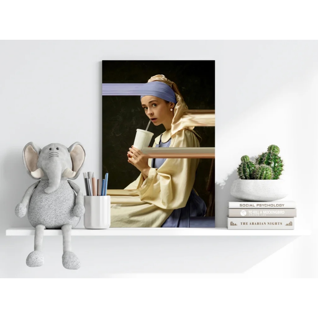 Modern canvas print of Girl with a Pearl Earring holding coffee cup