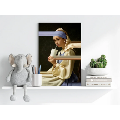 Modern canvas print of Girl with a Pearl Earring holding coffee cup