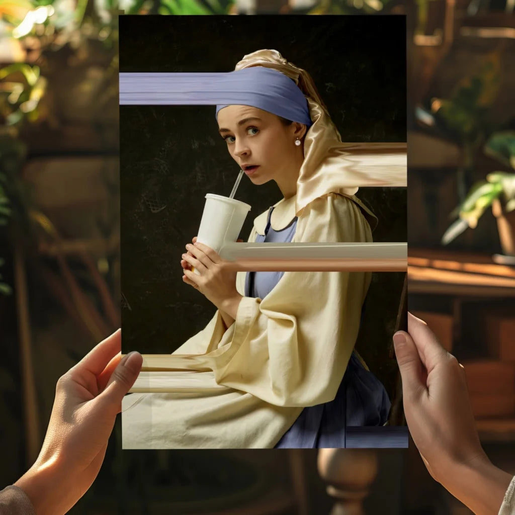 Modern Girl with a Pearl Earring holding coffee cup poster