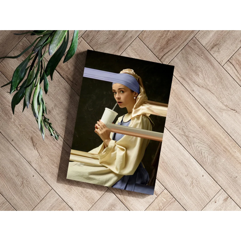 Modern Girl with a Pearl Earring holding coffee cup canvas print