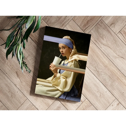 Modern Girl with a Pearl Earring holding coffee cup canvas print